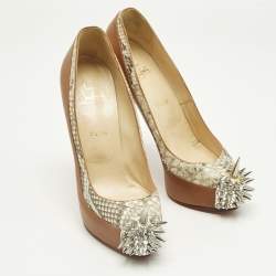 Pre Owned Christian Louboutin Brown Leather and Python Asteroid Spike Platform Pumps Size 41