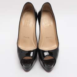 Pre Owned Christian Louboutin Black Patent Leather Lady Peep Toe Platform Pumps Size 35