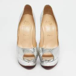 Pre Owned Christian Louboutin Silver Python Embossed Leather Lady Peep Peep Toe Pumps Size 38.5