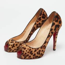 Pre Owned Christian Louboutin Brown Calf Hair Lady Peep Toe Pumps Size 38