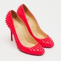 Pre Owned Christian Louboutin Neon Pink Patent Leather Fifi Spike Pumps Size 39
