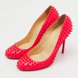 Pre Owned Christian Louboutin Neon Pink Patent Leather Fifi Spike Pumps Size 39