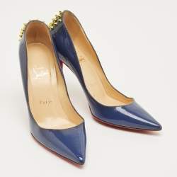 Pre Owned Christian Louboutin Blue Patent Leather Spike Zappa Pumps Size 36.5