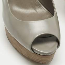 Pre Owned Christian Louboutin Grey Leather Slingback Wedge Pumps Size 40.5