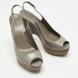 Pre Owned Christian Louboutin Grey Leather Slingback Wedge Pumps Size 40.5