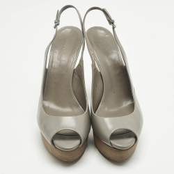 Pre Owned Christian Louboutin Grey Leather Slingback Wedge Pumps Size 40.5