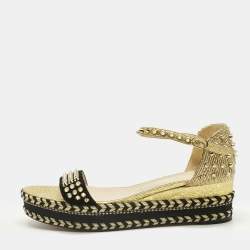 Pre Owned Christian Louboutin Gold Velvet and Straw Jute Spiked Espadrille Wedge Sandals Size 42