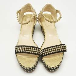 Pre Owned Christian Louboutin Gold Velvet and Straw Jute Spiked Espadrille Wedge Sandals Size 42