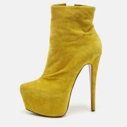 Pre Owned Christian Louboutin Yellow Suede Lady Daf Platform Ankle Boots Size 37