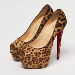 Pre Owned Christian Louboutin Brown Leopard Print Calf Hair Highness Peep Toe Platform Pumps Size 40.5