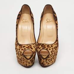 Pre Owned Christian Louboutin Brown Leopard Print Calf Hair Highness Peep Toe Platform Pumps Size 40.5