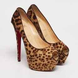 Pre Owned Christian Louboutin Brown Leopard Print Calf Hair Highness Peep Toe Platform Pumps Size 40.5