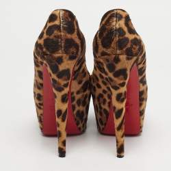 Pre Owned Christian Louboutin Brown Leopard Print Calf Hair Highness Peep Toe Platform Pumps Size 40.5