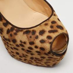 Pre Owned Christian Louboutin Brown Leopard Print Calf Hair Highness Peep Toe Platform Pumps Size 40.5
