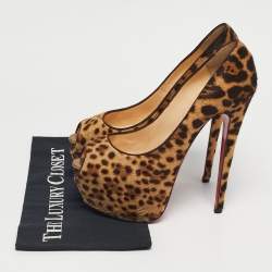 Pre Owned Christian Louboutin Brown Leopard Print Calf Hair Highness Peep Toe Platform Pumps Size 40.5