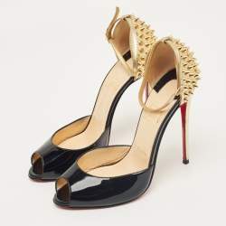 Pre Owned Christian Louboutin Black Patent and Leather Pina Spike Ankle Strap Sandals Size 38.5