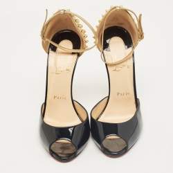 Pre Owned Christian Louboutin Black Patent and Leather Pina Spike Ankle Strap Sandals Size 38.5