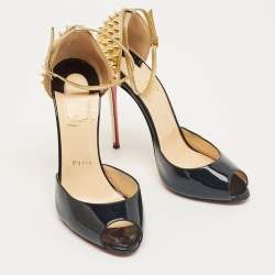 Pre Owned Christian Louboutin Black Patent and Leather Pina Spike Ankle Strap Sandals Size 38.5