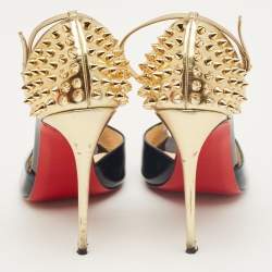 Pre Owned Christian Louboutin Black Patent and Leather Pina Spike Ankle Strap Sandals Size 38.5