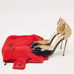 Pre Owned Christian Louboutin Black Patent and Leather Pina Spike Ankle Strap Sandals Size 38.5