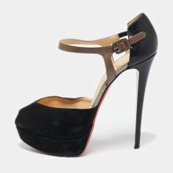 Pre Owned Christian Louboutin Black/Grey Leather Peep Toe Platform Pumps Size 41