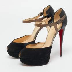 Pre Owned Christian Louboutin Black/Grey Leather Peep Toe Platform Pumps Size 41