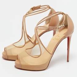 Pre Owned Christian Louboutin Beige Leather and Mesh Mariacar Peep Toe Pumps Size 38.5
