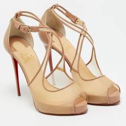 Pre Owned Christian Louboutin Beige Leather and Mesh Mariacar Peep Toe Pumps Size 38.5