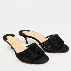Pre Owned Christian Louboutin Black Suede Belbrossa Pompm Slide Sandals Size 37