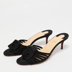 Pre Owned Christian Louboutin Black Suede Belbrossa Pompm Slide Sandals Size 37