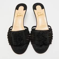 Pre Owned Christian Louboutin Black Suede Belbrossa Pompm Slide Sandals Size 37