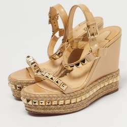 Pre Owned Christian Louboutin Beige Patent Leather Pyraclou Platform Wedge Sandals Size 36