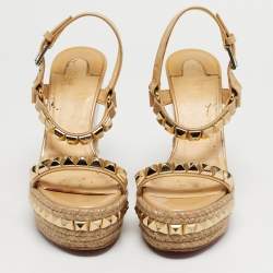 Pre Owned Christian Louboutin Beige Patent Leather Pyraclou Platform Wedge Sandals Size 36