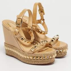 Pre Owned Christian Louboutin Beige Patent Leather Pyraclou Platform Wedge Sandals Size 36