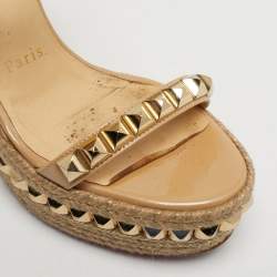 Pre Owned Christian Louboutin Beige Patent Leather Pyraclou Platform Wedge Sandals Size 36