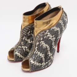 Pre Owned Christian Louboutin Grey/Gold Foil Leather and Python Leather Col Zippe Booties Size 40
