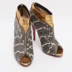 Pre Owned Christian Louboutin Grey/Gold Foil Leather and Python Leather Col Zippe Booties Size 40