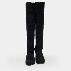 Pre Owned حذاء بوت ركبة قماش محبوك أسود كريستيان لوبوتان مقاس 37