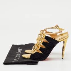 Pre Owned Christian Louboutin Gold/Black Patent Leather and Suede Tina Cage Sandals Size 36.5
