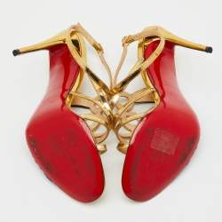 Pre Owned Christian Louboutin Gold/Black Patent Leather and Suede Tina Cage Sandals Size 36.5