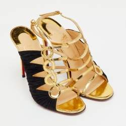 Pre Owned Christian Louboutin Gold/Black Patent Leather and Suede Tina Cage Sandals Size 36.5