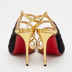 Pre Owned Christian Louboutin Gold/Black Patent Leather and Suede Tina Cage Sandals Size 36.5