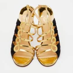 Pre Owned Christian Louboutin Gold/Black Patent Leather and Suede Tina Cage Sandals Size 36.5