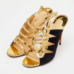 Pre Owned Christian Louboutin Gold/Black Patent Leather and Suede Tina Cage Sandals Size 36.5