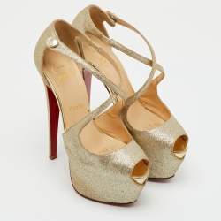 Pre Owned Christian Louboutin Metallic Gold Glitter Exagona Platform Sandals Size 36.5