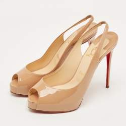 Pre Owned Christian Louboutin Beige Patent Leather New Prive Slingback Sandals Size 38.5