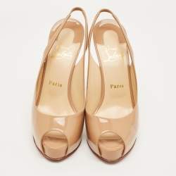 Pre Owned Christian Louboutin Beige Patent Leather New Prive Slingback Sandals Size 38.5