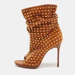 Pre Owned Christian Louboutin Brown Spiked Suede Guerilla Open Toe Slouchy Ankle Boots Size 37