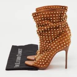 Pre Owned Christian Louboutin Brown Spiked Suede Guerilla Open Toe Slouchy Ankle Boots Size 37