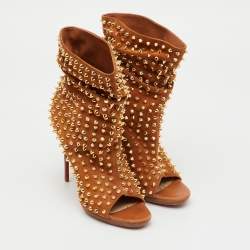 Pre Owned Christian Louboutin Brown Spiked Suede Guerilla Open Toe Slouchy Ankle Boots Size 37